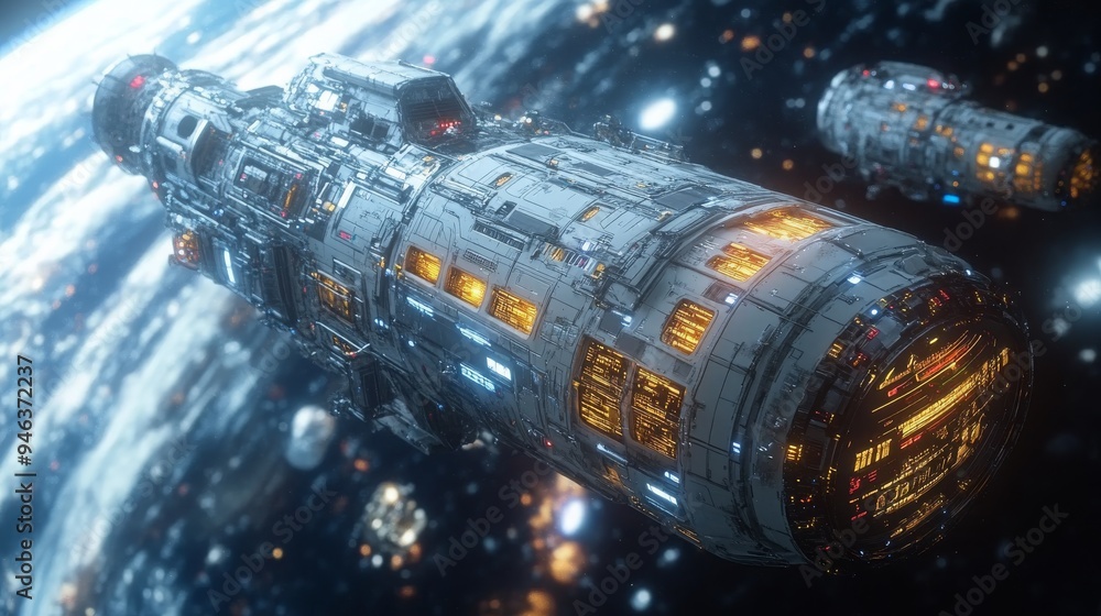 Poster a holographic movie interface displays exciting trailers while futuristic spaceships navigate the va