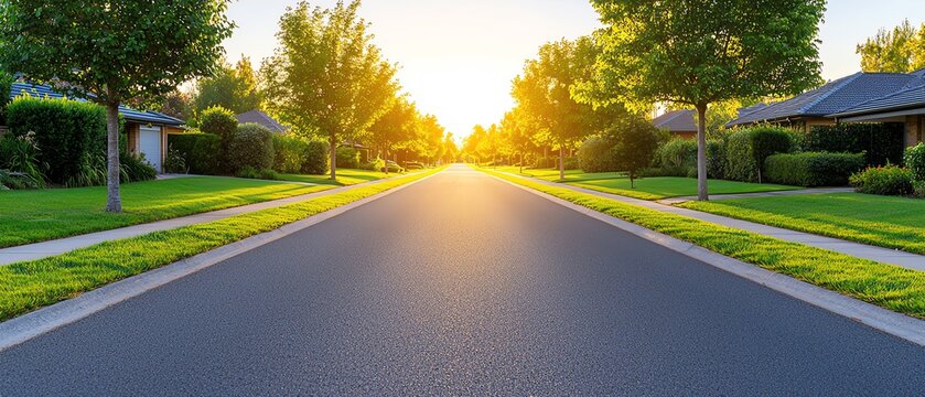 Bright sunrise over a peaceful suburban street, framed by lush green trees and manicured lawns, creating a serene atmosphere. suburban development concept.