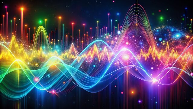 Vibrant graph displaying complex frequency patterns, with colorful sound waves and pulsing data streams swirling together in a mesmerizing dance of digital information and sonic energy.