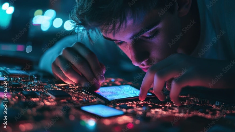 Poster a person working on a circuit board under neon lights