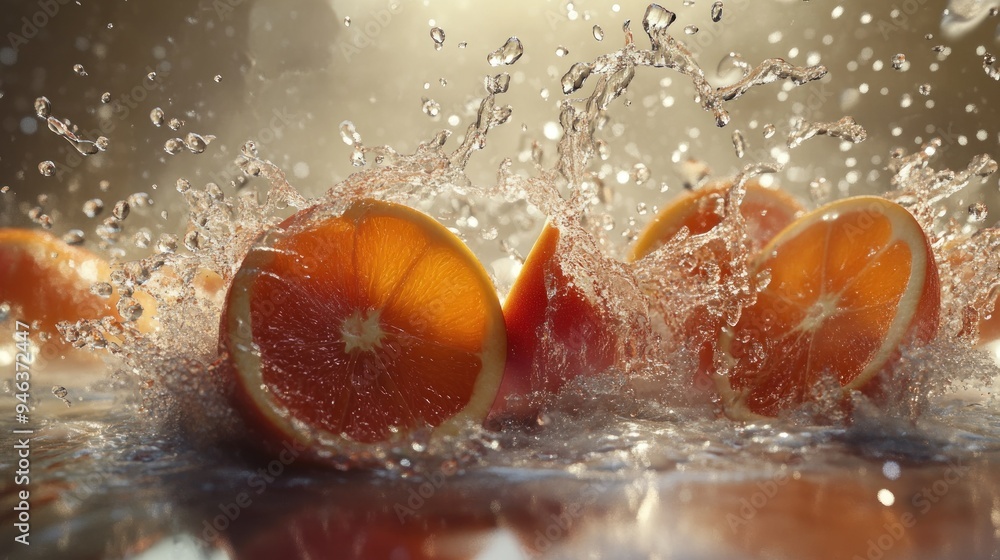 Poster orange slices splashing in water with a blurred background