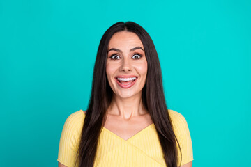 Fototapeta premium Photo of nice young woman open mouth wear top isolated on teal color background