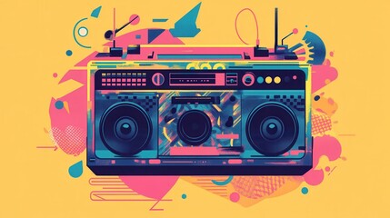 Obraz premium An eye-catching illustration features a neon boombox against a bright background filled with dynamic shapes, evoking an energetic urban vibe