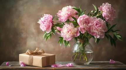 A glass vase filled with pink peonies, with a gift box on a table, creating a romantic scene.
