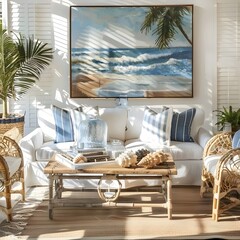 Modern living room, Scandinavian home interior design with comfortable sofa and wooden floor and table and plants, white walls, cozy carpet, wall art framed.