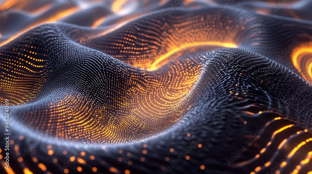 Poster abstract wavy surface with glowing orange dots