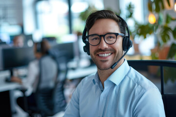 Fototapeta premium Man, portrait and smile in call center for customer service, telemarketing and FAQ in office. Male consultant, happy and headset at help desk with team, communication or bilingual agent with tech