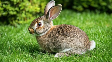 Obraz premium Cute view of brown fluffy rabbit animal relaxing on green grass native habitat background wallpaper AI generated image