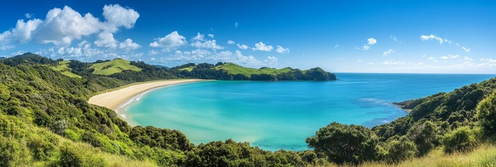 A breathtaking panoramic view of a secluded beach nestled between lush green hills. The turquoise waters are crystal clear, reflecting the vibrant blue sky above. The scene evokes a sense of tranquili