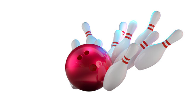 Striking bowling ball knocking down pins on transparent background