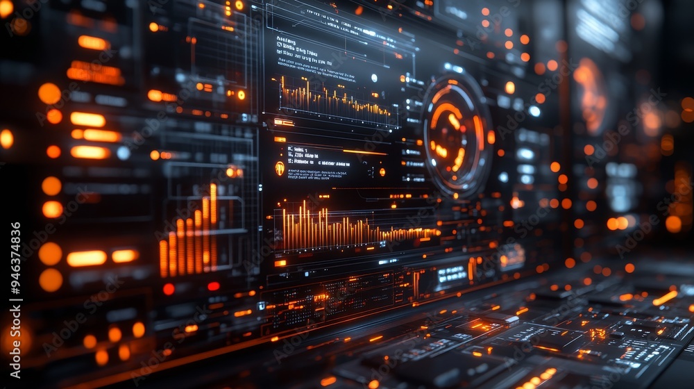 Poster a holographic news feed features dynamic graphics and data visuals, delivering real-time updates in 