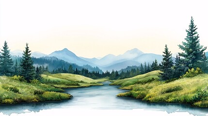 Serene Mountain River Landscape Watercolor Painting.