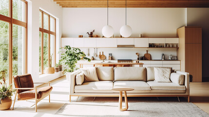 Modern interior japandi style design. Lighting and sunny scandinavian apartment with plaster and wood. Made with generative ai.	