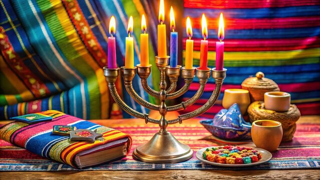 Vibrant menorah with lit candles, colorful dreidel, and traditional prayer book on a festive tablecloth, capturing the essence of joyous Jewish religious holiday celebrations.
