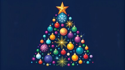 Vibrant, modern, and minimalist vector illustration of a stylized Christmas tree adorned with colorful ornaments, stars, and subtle snowflakes, perfect for festive holiday designs.