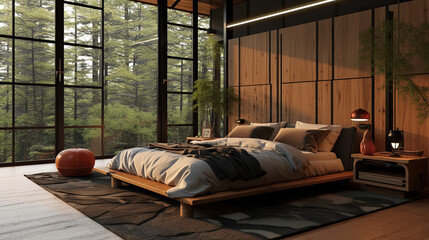 Modern interior japandi style design. Lighting and sunny scandinavian apartment with plaster and wood. Made with generative ai.	