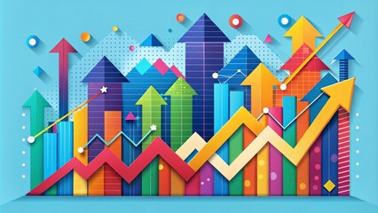 Vibrant, modern infographic showcasing growth and development, featuring ascending charts, bold arrows, and colorful geometric shapes, symbolizing success and forward-thinking innovation.