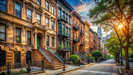 Vibrant morning scene of iconic brownstones, ornate fire escapes, and lively street life in the historic heart of Harlem, New York City's cultural hub.