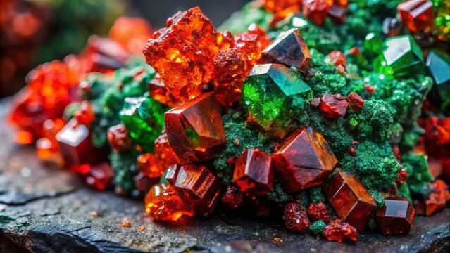 Vibrant, naturally formed crystals of chromium-rich minerals, such as crocoite and uvarovite, sparkle against a dark, rugged rocky background, showcasing their intense colorful beauty.