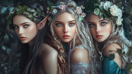 Fototapeta premium Beautiful fantasy fairy tale elf woman princess portrait collection set wallpaper AI generated image