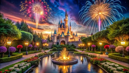 Obraz premium Vibrant nighttime scene of iconic fairy-tale castle surrounded by lush gardens, sparkling water features, and majestic fireworks exploding in a starry sky.