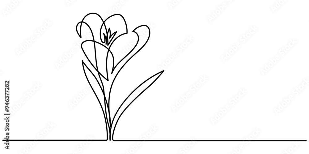 Poster group of spring crocus flowers in continuous line art drawing style. black linear sketch on white ba