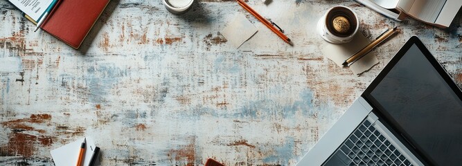 White Distressed Wooden Tabletop with Laptop and Office Supplies