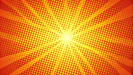 Vibrant orange background features a bold, comic-inspired graphic pattern of halftone dots, creating a playful, retro-inspired visual effect with a bright, energetic atmosphere.