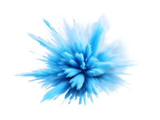 Sky blue powder explosion frozen in the air, forming a flower-like pattern, isolated on transparent background PNG