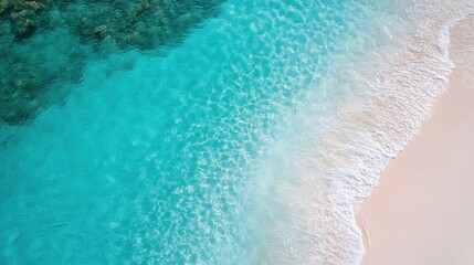 Beautiful scene of a turquoise sea washing over a sandy beach in a tropical area, highlighting the peaceful relationship between water and land and inviting tranquility.