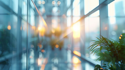 Fototapeta premium Abstract blurred background of modern office interior. Mock up, toned