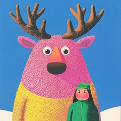 A colorful depiction of a reindeer with a joyful child in a magical winter wonderland