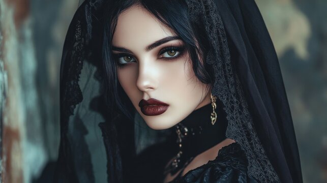 Character female model with black gothic make up halloween theme background wallpaper AI generated image