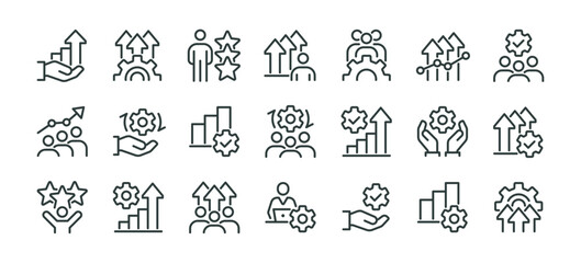 Increase productivity, manufacturing analyse, capacity process, efficient grow premium icons pack. line signs arrow up, gears and people. Vector icons set for web and app in outline editable stroke.