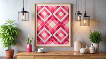 Vibrant pink geometric patterns adorn a sleek, modern wall art mockup, offset by neutral tones, creating a chic and trendy visual statement for contemporary spaces.