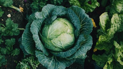 Obraz premium Close-up of a green cabbage head growing in a vegetable garden, surrounded by lush leaves and rich soil.