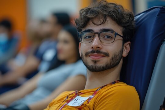 Young man smiling while donating blood in hospital campaign