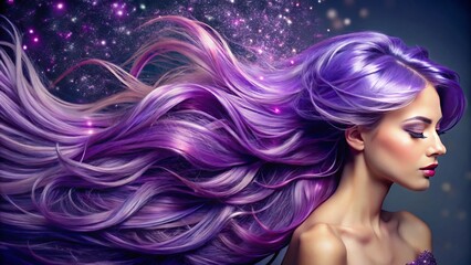 Fototapeta premium Vibrant purple hair extensions adorned with generous sprinkles of shimmering silver glitter, flowing freely in the wind, create a mesmerizing, whimsical, and glamorous fantasy hairstyle.
