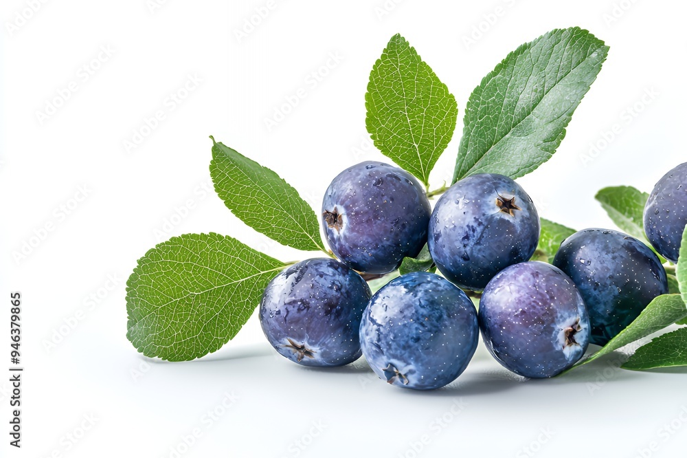 Wall mural Fresh blueberries with green leaves on a white background, ideal for food-related content.