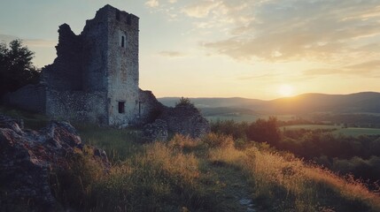 View of horror castle building on highland mountain peak background wallpaper AI generated image