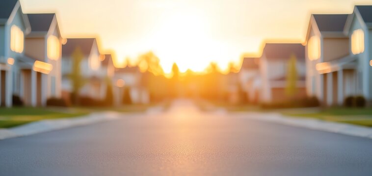 A serene suburban street bathed in golden sunlight, showcasing modern houses and a peaceful atmosphere at sunset. suburban development concept. - Powered by Adobe