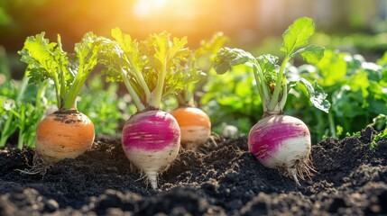 Close-up of colorful root vegetables thriving in rich soil, basking in sunlight.