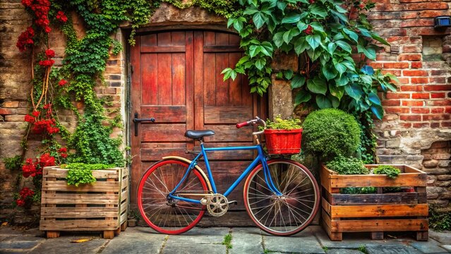 Vibrant red and blue racing bike leaned against a weathered brick wall, surrounded by rustic wooden crates and tangled vines in a charming alleyway setting.