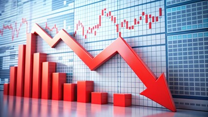 Vibrant red graph plummeting downwards on a white background, surrounded by financial charts and tables, conveying a sense of economic downturn and market volatility.
