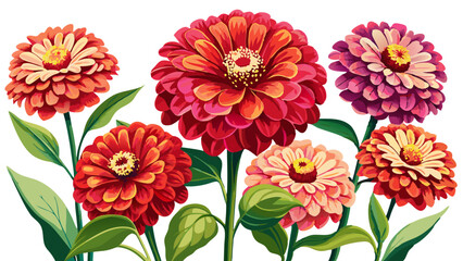 Vibrant Zinnia Flower With Green Leaves Illustration - Colorful illustration of a vibrant red zinnia flower with lush green leaves. Perfect for botanical designs and floral decorations.