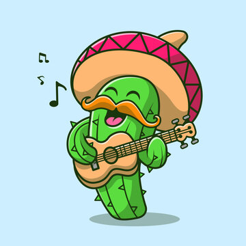 Cute Cactus Playing Guitar With Sumbrero Hat Cartoon 
Vector Icon Illustration. Nature Holiday Icon Concept Isolated
Premium Vector. Flat Cartoon Style