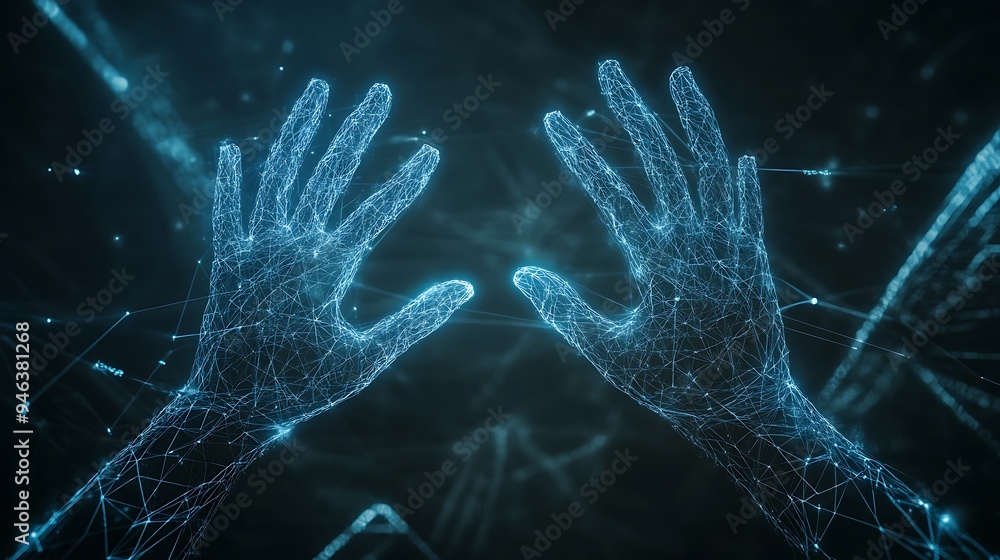 Poster futuristic hands reaching out in a digital network of light and connection