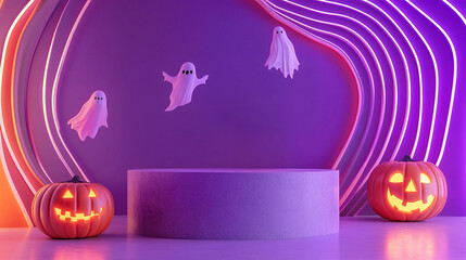 Spooky Halloween scene with glowing pumpkins and floating ghosts in a purple, neon-lit setting.