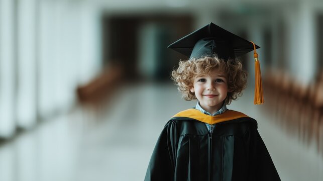A happy, young boy in a black graduation cap and gown, smiling confidently indoors, symbolizing the joy of academic achievement and the bright future ahead.