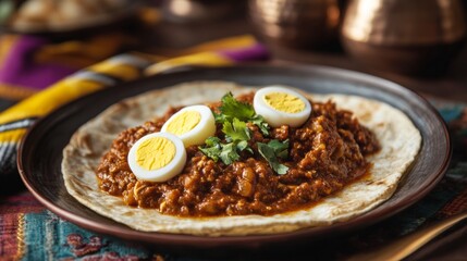 A dish of Ethiopian cuisine: injery with a generous portion of spicy dorovat. 